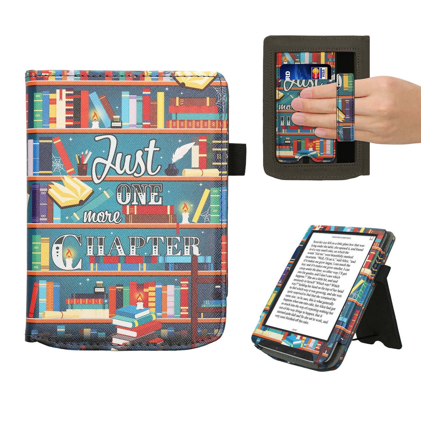 kwmobile Flip Cover kompatibel mit Pocketbook Verse / Verse Lite / Verse Pro / Color / Vivlio Light/Light HD - Hülle mit Handschlaufe Bibliothek Motto Mehrfarbig Mehrfarbig  [dsg02]