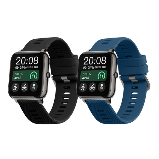kwmobile 2x Uhrenarmband für Popglory P66 22mm Armband - Fitnesstracker Band Set aus TPU Silikon - Ersatzarmband Smartwatch - Schwarz Blau Schwarz  