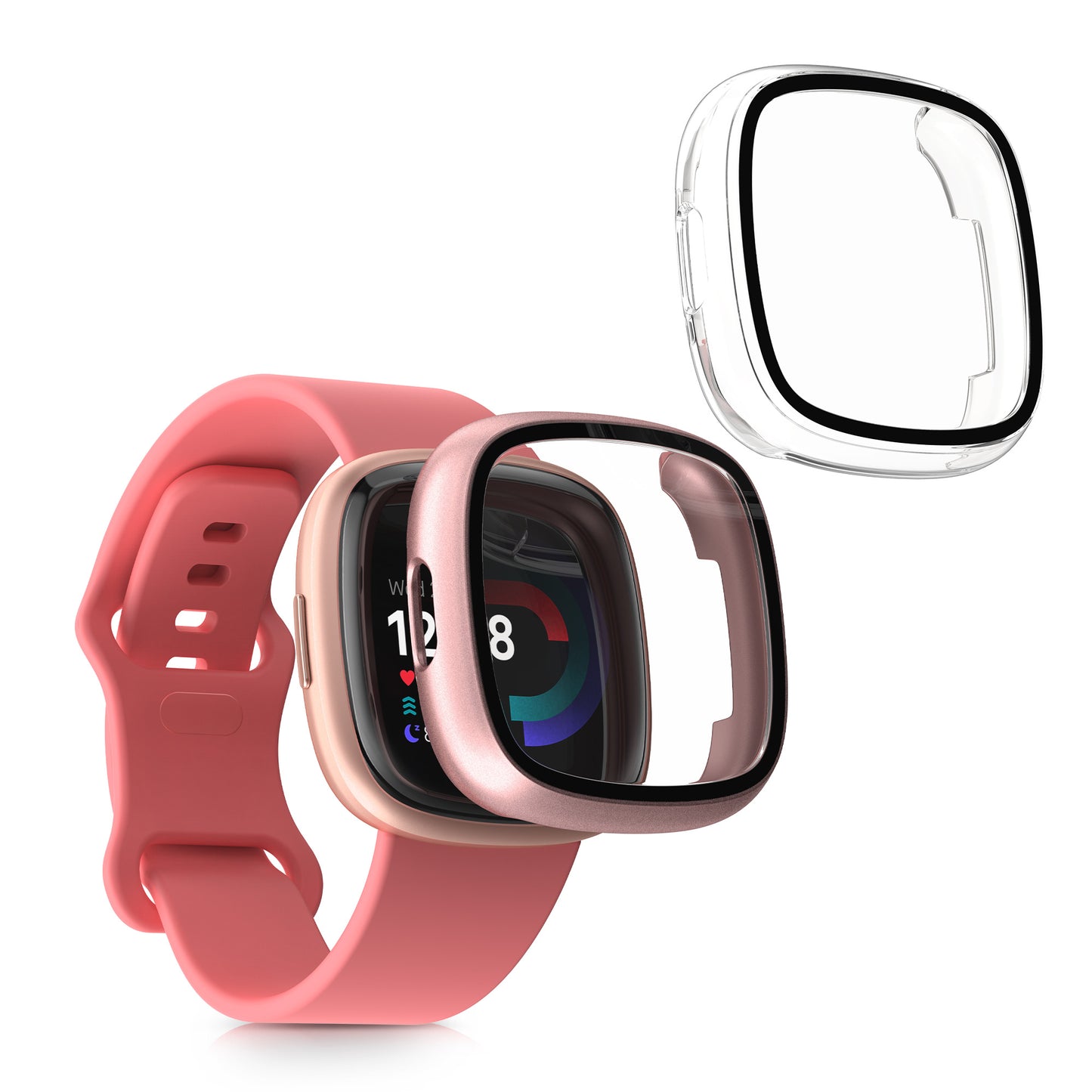 kwmobile 2x Cover kompatibel mit Fitbit Versa 4 / Sense 2 Hülle - Fullbody Fitnesstracker Case Set aus Glas - Transparent Altrosa Transparent  [dsg03]