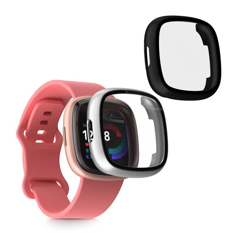 kwmobile 2x Cover kompatibel mit Fitbit Versa 4 / Sense 2 Hülle - Fullbody Fitnesstracker Case Set aus Glas - Schwarz Silber Schwarz  [dsg04]