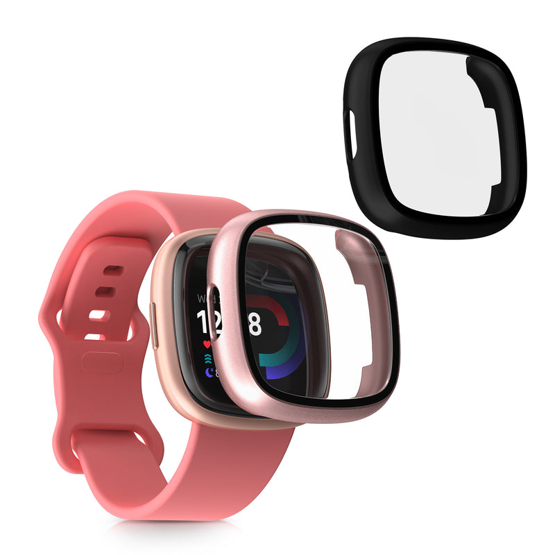 kwmobile 2x Cover kompatibel mit Fitbit Versa 4 / Sense 2 Hülle - Fullbody Fitnesstracker Case Set aus Glas - Schwarz Altrosa Schwarz  [dsg05]