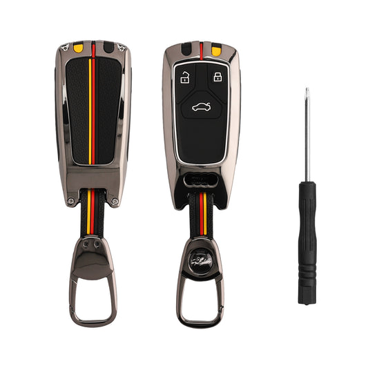 kwmobile Auto Schlüsselhülle kompatibel mit Audi 3-Tasten Smartkey Autoschlüssel (nur Keyless Go) Hülle - Smart Key Metallrahmen mit Silikon Case - Deutschland Streifen Schwarz  [dsg01]