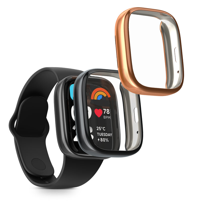 kwmobile 2x Schutzhülle kompatibel mit Xiaomi Redmi Watch 3 Active Hülle - Fullbody Cover Set aus Silikon - Schwarz Rosegold Schwarz  [dsg02]