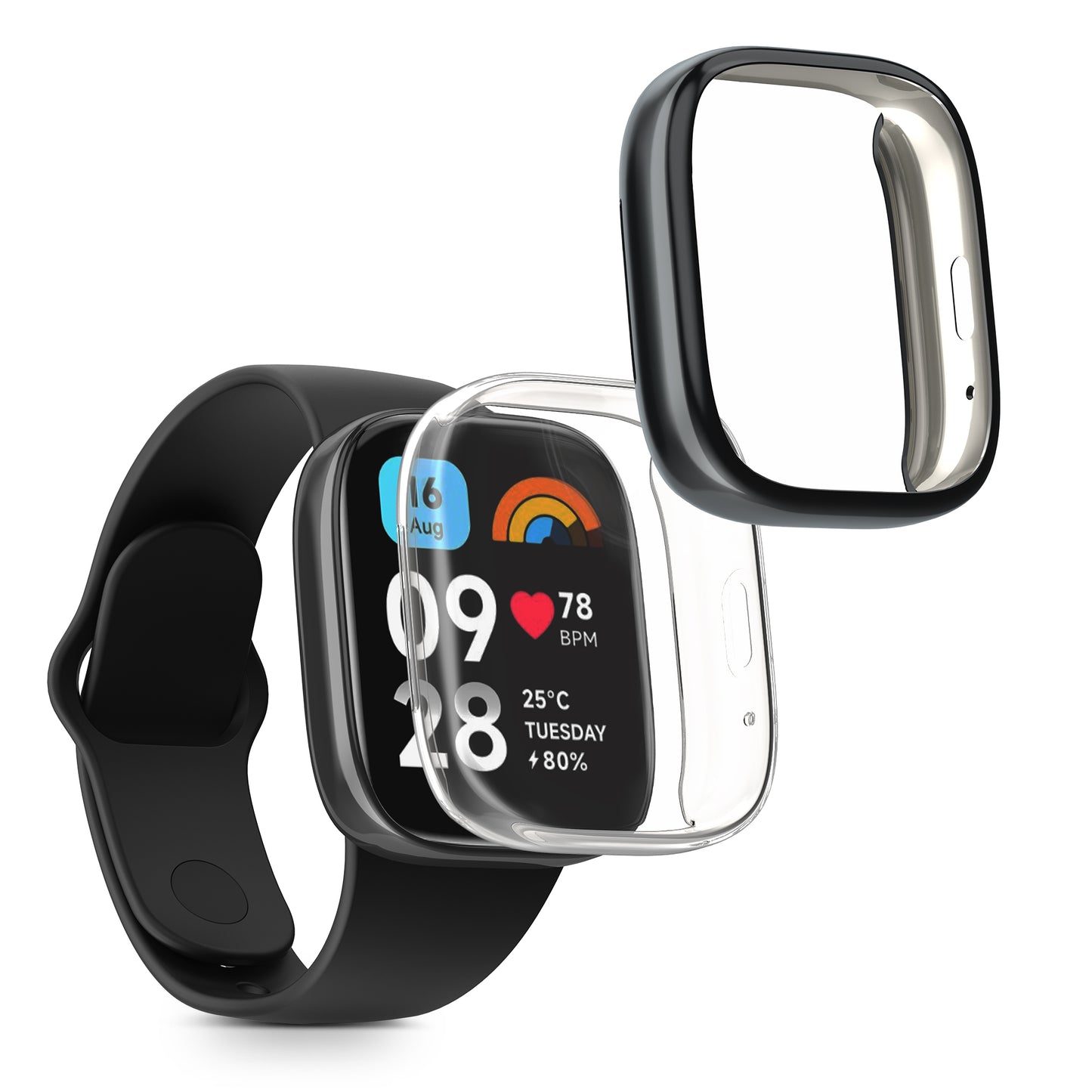 kwmobile 2x Schutzhülle kompatibel mit Xiaomi Redmi Watch 3 Active Hülle - Fullbody Cover Set aus Silikon - Transparent Schwarz Transparent  [dsg03]