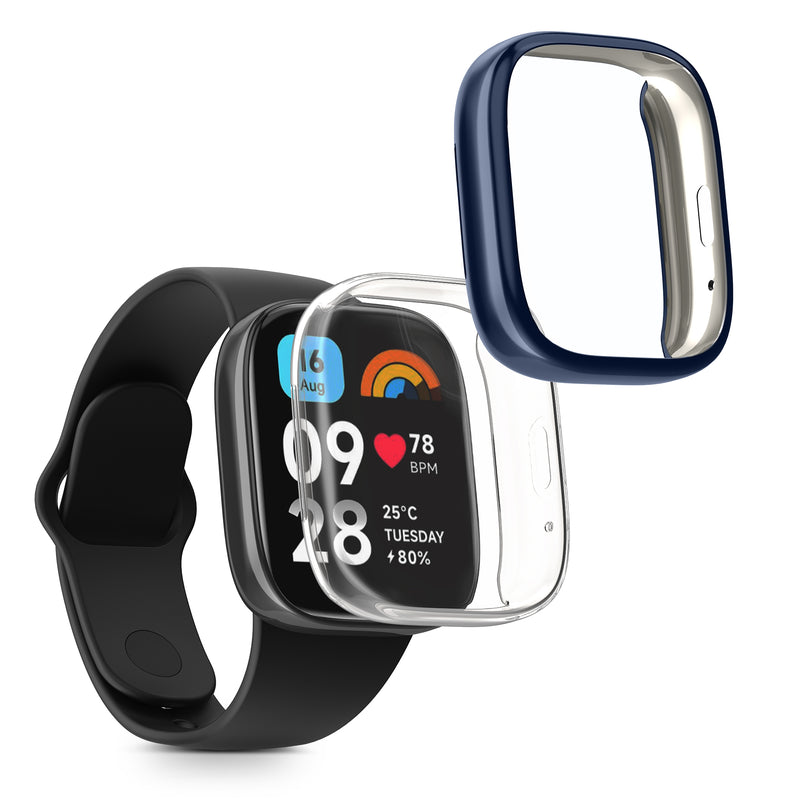 kwmobile 2x Schutzhülle kompatibel mit Xiaomi Redmi Watch 3 Active Hülle - Fullbody Cover Set aus Silikon - Transparent Dunkelblau Transparent  [dsg04]