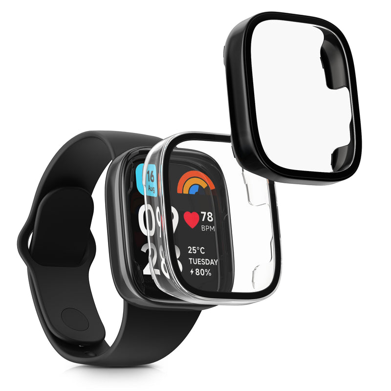 kwmobile 2x Cover kompatibel mit Xiaomi Redmi Watch 3 Active / Redmi Watch 3 Lite Hülle - Fullbody Fitnesstracker Case Set aus Glas - Transparent Schwarz Transparent  [dsg02]