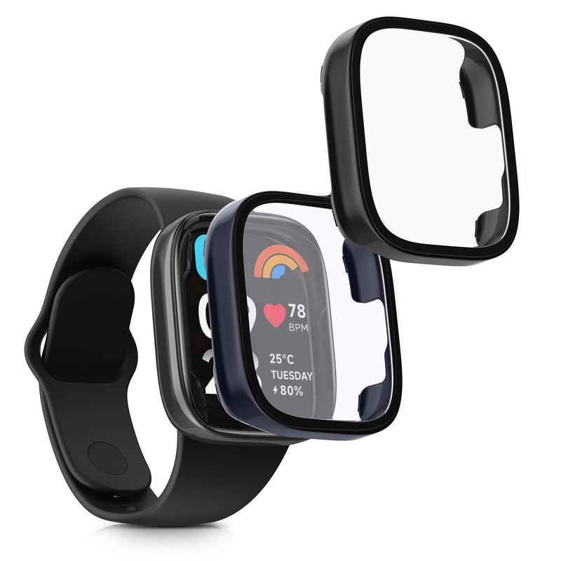 kwmobile 2x Cover kompatibel mit Xiaomi Redmi Watch 3 Active / Redmi Watch 3 Lite Hülle - Fullbody Fitnesstracker Case Set aus Glas - Schwarz Dunkelblau Schwarz  [dsg03]
