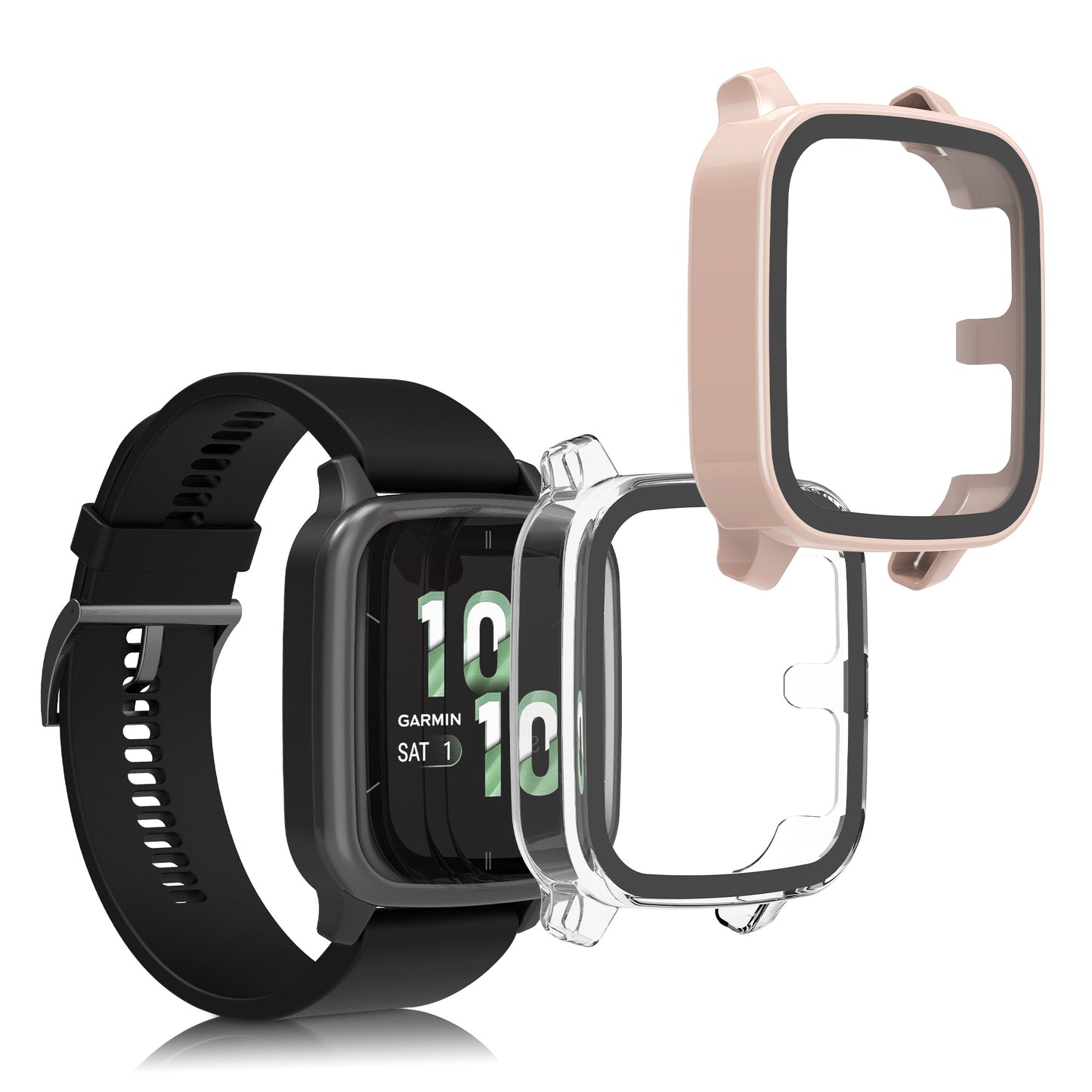 kwmobile 2x Cover kompatibel mit Garmin Venu Sq 2 Music / Sq 2 Hülle - Fullbody Fitnesstracker Case Set aus Glas - Transparent Altrosa Transparent  [dsg03]