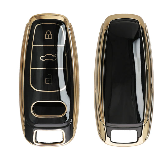 kwmobile Autoschlüssel Hülle kompatibel mit Audi A6 A7 A8 Q7 Q8 E-Tron 3-Tasten Autoschlüssel Keyless - Schlüsselhülle Silikon Cover - Schwarz Gold Schwarz  [dsg01]