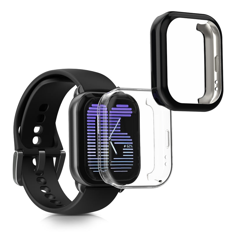 kwmobile 2x Schutzhülle kompatibel mit Amazfit Active (A2211) Hülle - Fullbody Cover Set aus Silikon - Transparent Schwarz Transparent  [dsg01]
