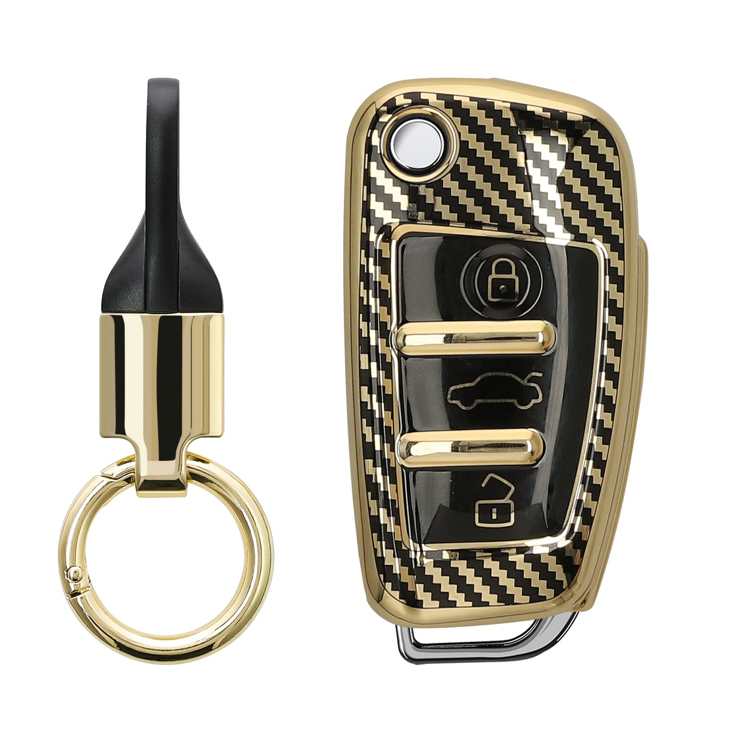 kwmobile Autoschlüssel Hülle kompatibel mit Audi 3-Tasten Klappschlüssel Hülle - Schlüsselhülle mit Key Ring Anhänger - Cover Gold Schwarz Gold  [dsg01]