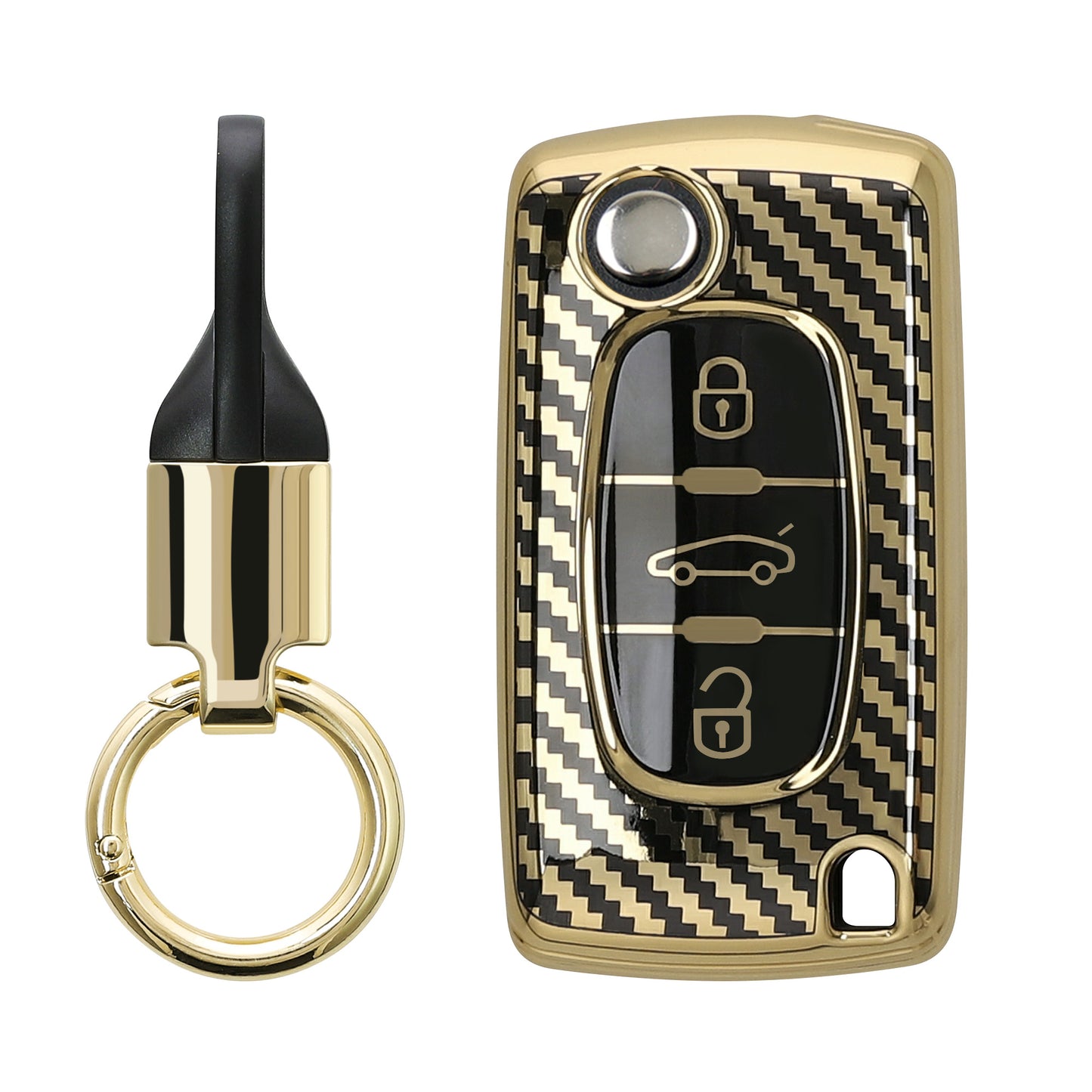 kwmobile Autoschlüssel Hülle kompatibel mit Peugeot Citroen 3-Tasten Autoschlüssel Hülle - Schlüsselhülle mit Key Ring Anhänger - Cover Gold Schwarz Gold  [dsg01]