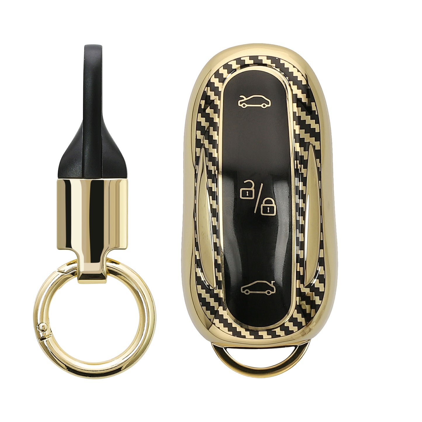 kwmobile Autoschlüssel Hülle kompatibel mit Tesla Model X Autoschlüssel Hülle - Schlüsselhülle mit Key Ring Anhänger - Cover Gold Schwarz Gold  [dsg01]