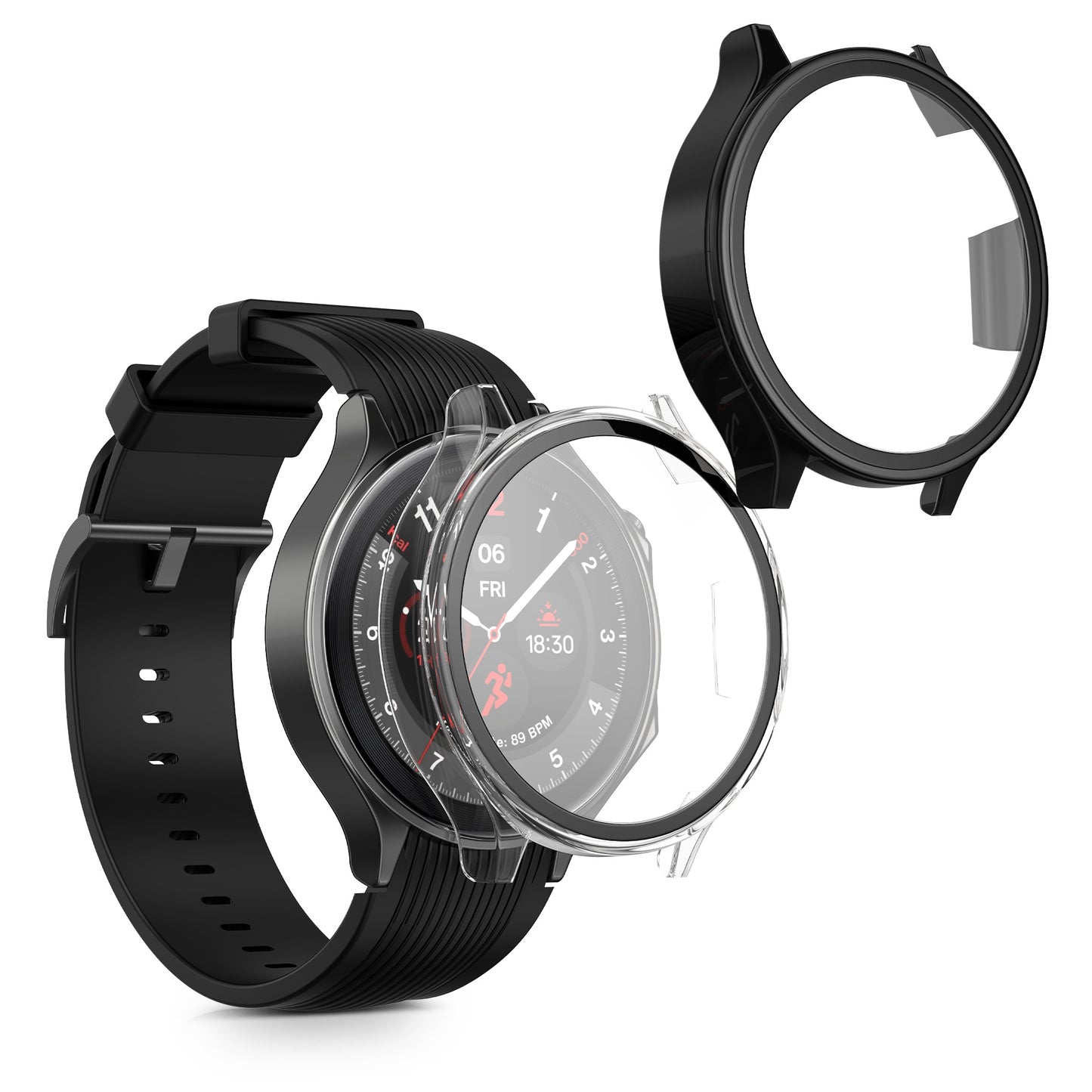 kwmobile 2x Cover kompatibel mit OnePlus Watch 2 / OPPO Watch X Hülle - Fullbody Fitnesstracker Case Set aus Glas - Transparent Schwarz Transparent  [dsg01]