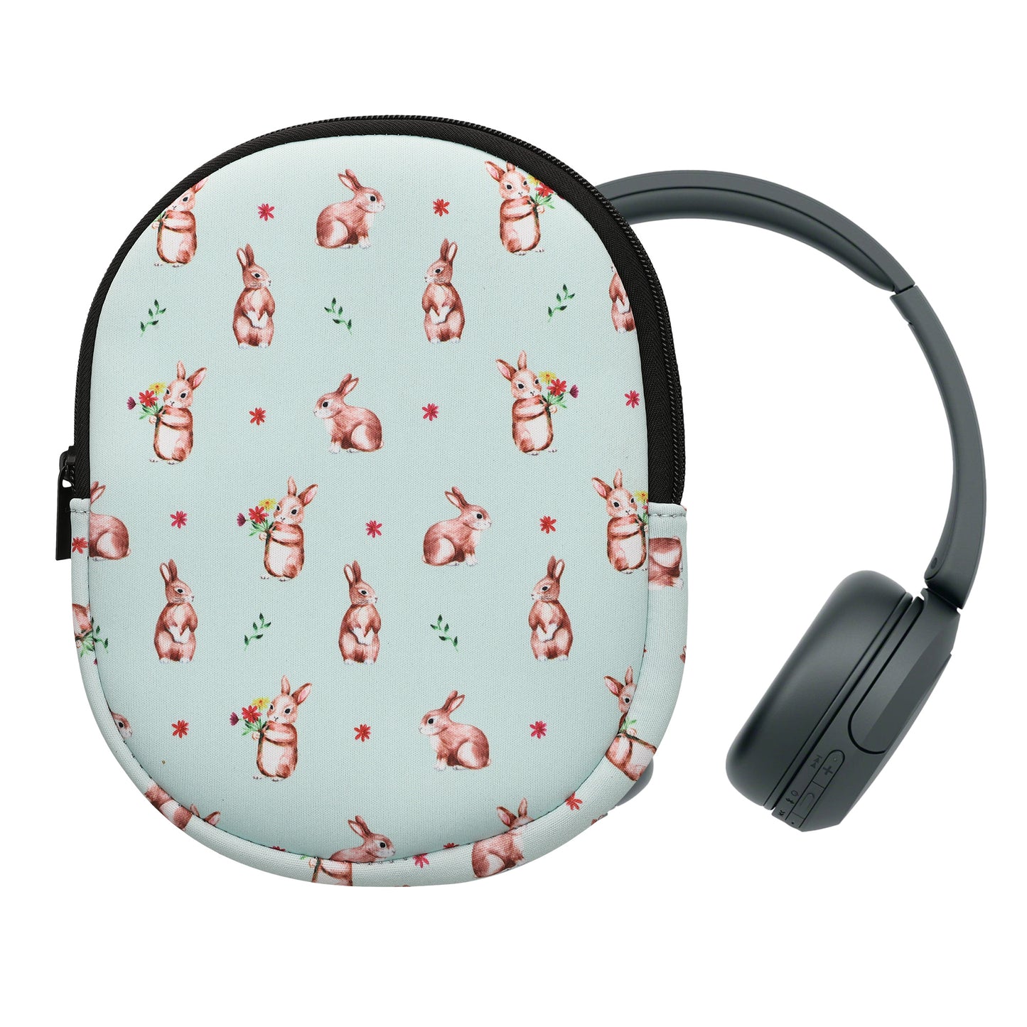 kwmobile Hülle kompatibel mit Sony WH-CH520 / WH-CH510 / MDR-ZX110 Neopren Tasche - Case für Headset aus robustem Neopren Stoff - Weiß Braun Graugrün Hasen und Blumen Weiß  [dsg01]