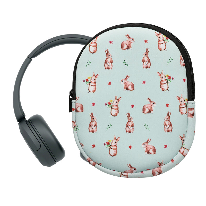 kwmobile Case Compatible with Sony WH-CH520 / WH-CH510 / MDR-ZX110 Headset Bag Made of Robust Fabric - Rabbits and Flowers