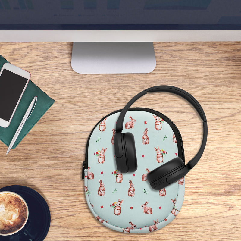 kwmobile Case Compatible with Sony WH-CH520 / WH-CH510 / MDR-ZX110 Headset Bag Made of Robust Fabric - Rabbits and Flowers