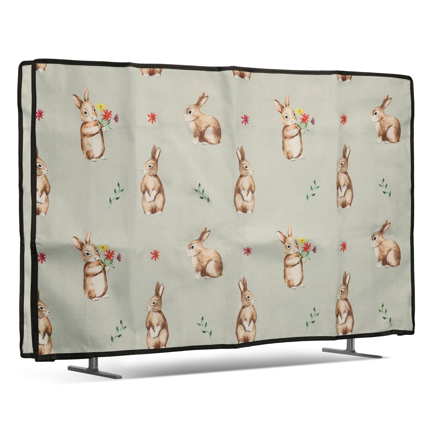 kwmobile Leinen Hülle kompatibel mit 40" TV - Schutzhülle Staubschutz Abdeckhaube für Fernseher - TV Cover Staubhaube Haube - Hasen und Blumen Weiß  [dsg01]