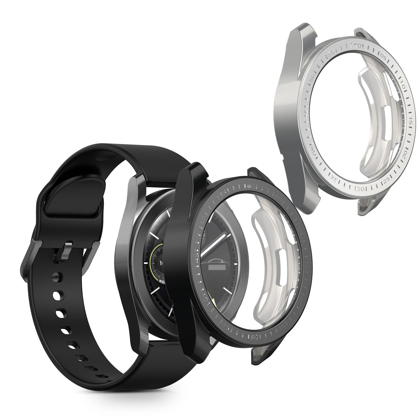 kwmobile 2x Schutzhülle kompatibel mit Xiaomi Watch S3 Hülle - Fullbody Cover Set aus Silikon - Schwarz Silber Schwarz  [dsg03]
