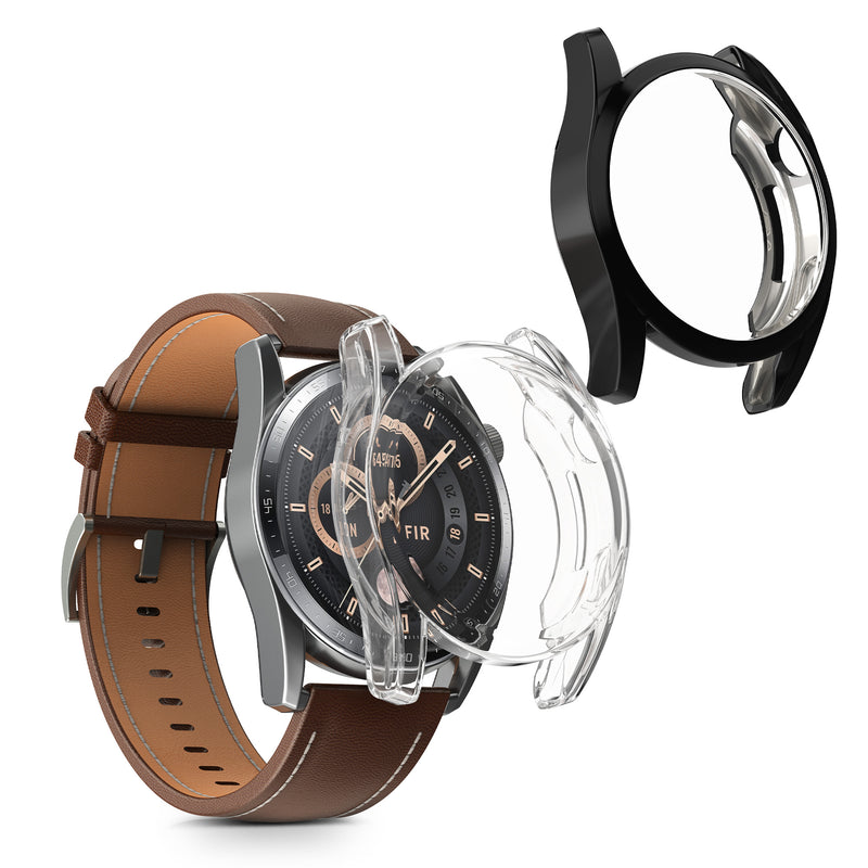 kwmobile 2x Schutzhülle kompatibel mit Huawei Watch GT 3 (46mm) Hülle - Fullbody Cover Set aus Silikon - Transparent Schwarz Transparent  [dsg02]