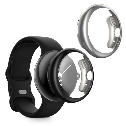 kwmobile 2x Schutzhülle kompatibel mit Google Pixel Watch 2 / Pixel Watch 1 Hülle - Fullbody Cover Set aus Silikon - Schwarz Silber Schwarz  [dsg03]