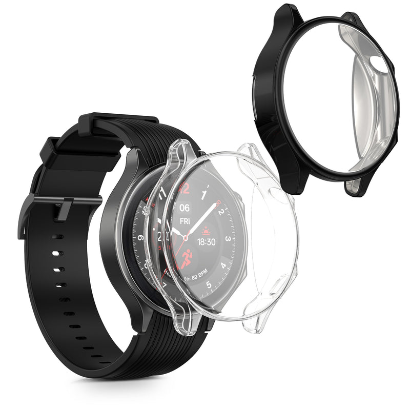 kwmobile 2x Schutzhülle kompatibel mit OnePlus Watch 2 / OPPO Watch X Hülle - Fullbody Cover Set aus Silikon - Transparent Schwarz Transparent  [dsg02]
