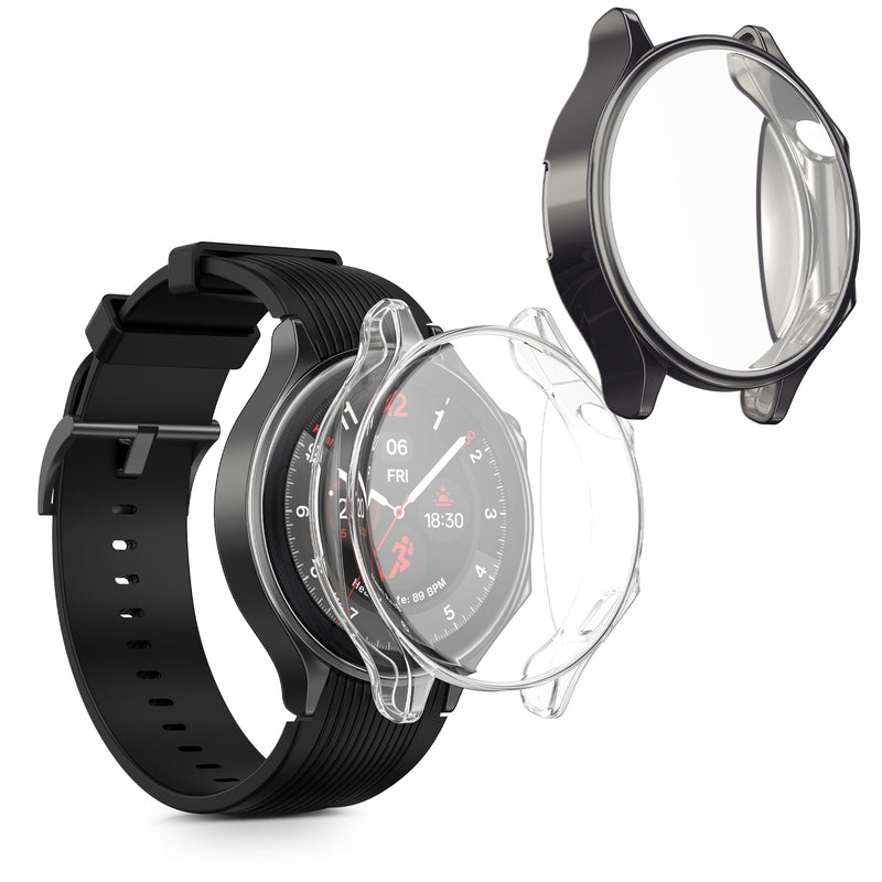 kwmobile 2x Schutzhülle kompatibel mit OnePlus Watch 2 / OPPO Watch X Hülle - Fullbody Cover Set aus Silikon - Dunkelgrau Transparent Dunkelgrau  [dsg04]
