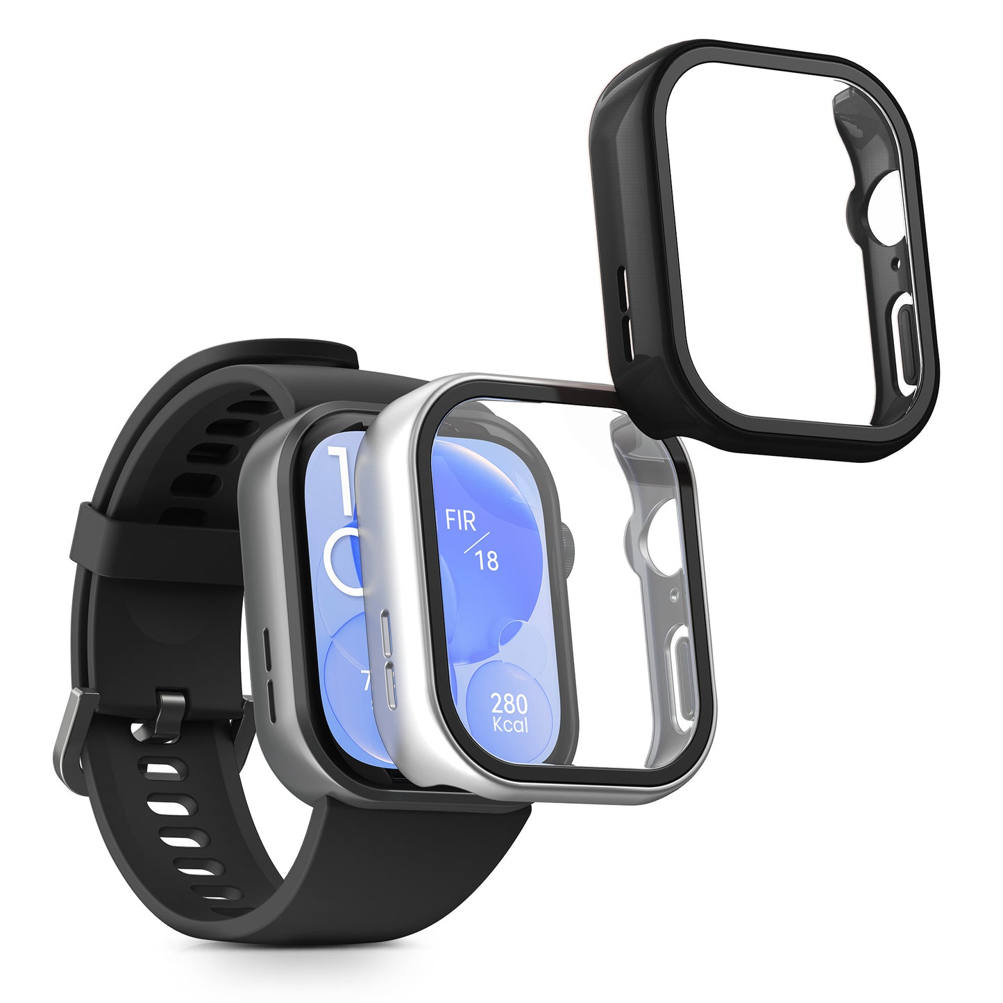 kwmobile 2x Cover kompatibel mit Huawei Watch Fit 3 Hülle - Fullbody Fitnesstracker Case Set aus Glas - Silber Schwarz Silber  [dsg02]