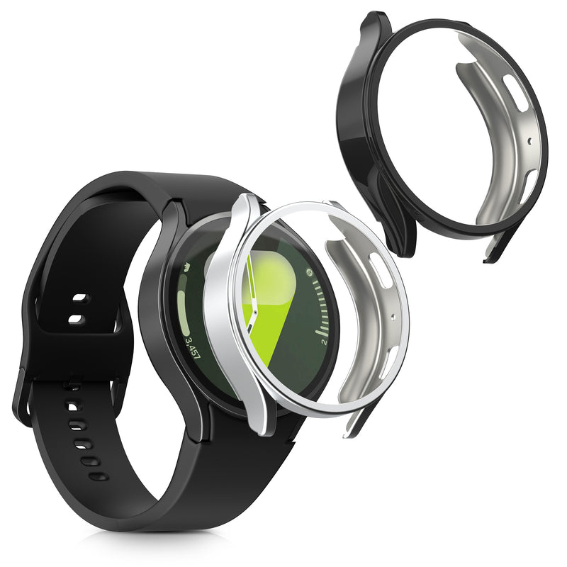 kwmobile 2x Schutzhülle kompatibel mit Samsung Galaxy Watch 7 44mm Hülle - Fullbody Cover Set aus Silikon - Schwarz Silber Schwarz  [dsg03]