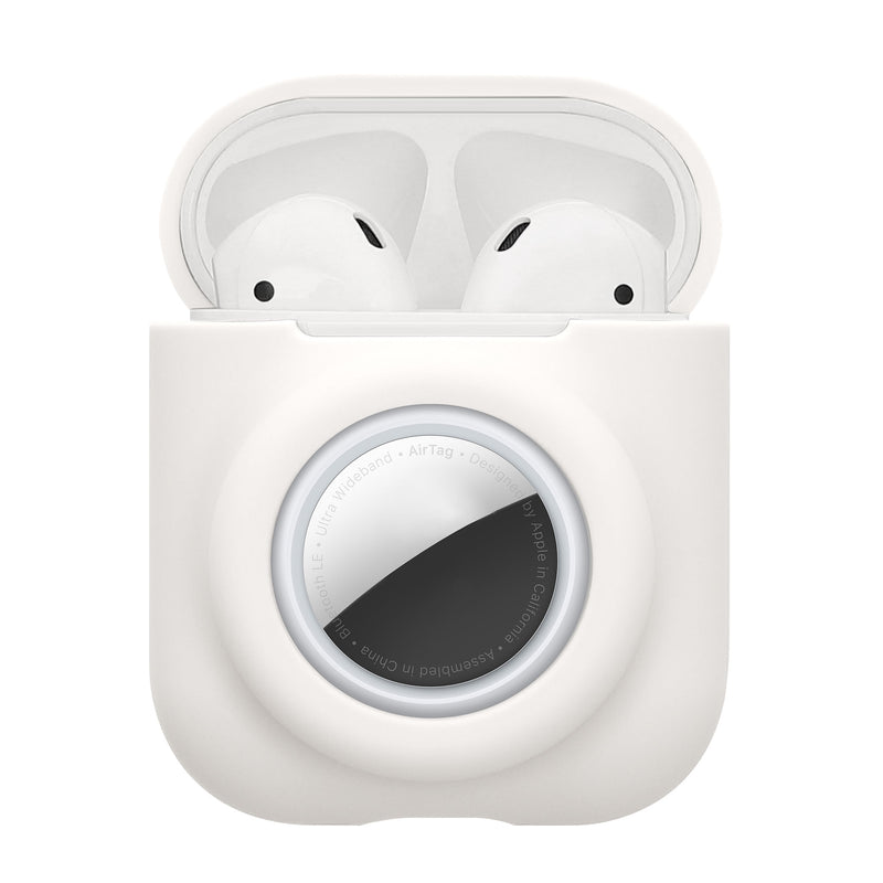 kwmobile 2-in1 Hülle kompatibel mit Apple Airpods 1 & 2 - Kopfhörer Case kompatibel mit Airtag - Weiches Silikon Cover - Schutzhülle mit Karabiner - Weiß Weiß  