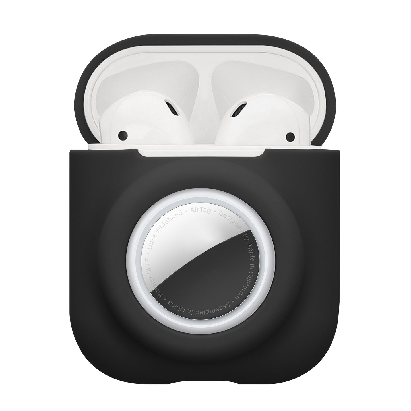 kwmobile 2-in1 Hülle kompatibel mit Apple Airpods 1 & 2 - Kopfhörer Case kompatibel mit Airtag - Weiches Silikon Cover - Schutzhülle mit Karabiner - Schwarz Schwarz  