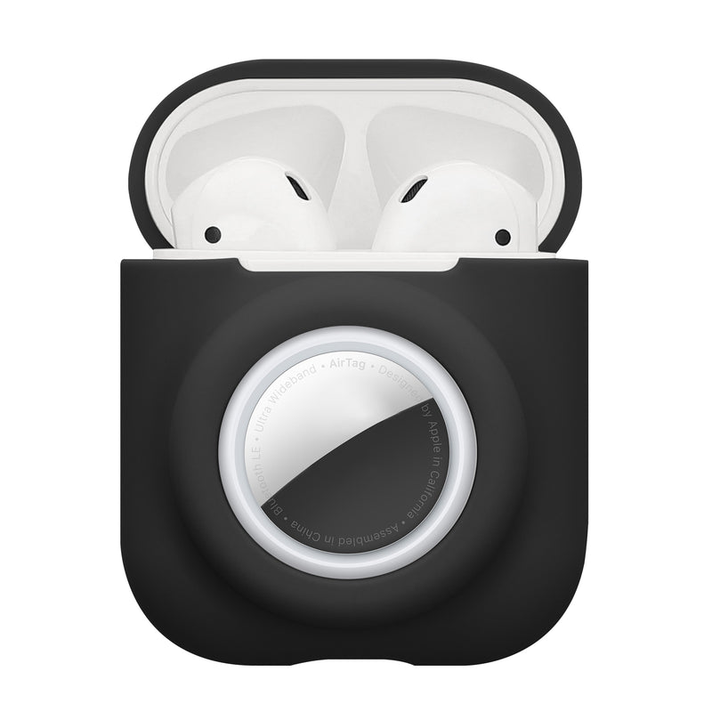 kwmobile 2-in1 Hülle kompatibel mit Apple Airpods 1 & 2 - Kopfhörer Case kompatibel mit Airtag - Weiches Silikon Cover - Schutzhülle mit Karabiner - Schwarz Schwarz  
