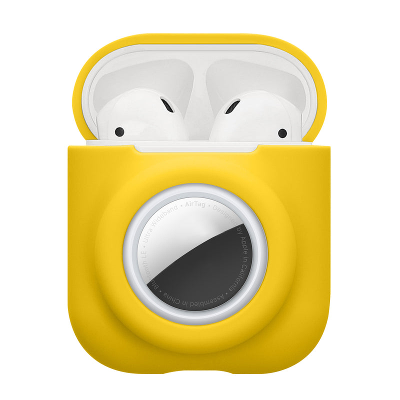kwmobile 2-in1 Hülle kompatibel mit Apple Airpods 1 & 2 - Kopfhörer Case kompatibel mit Airtag - Weiches Silikon Cover - Schutzhülle mit Karabiner - Gelb Gelb  