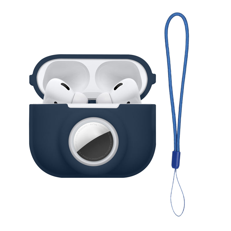 kwmobile 2-in1 Hülle kompatibel mit Apple Airpods Pro 2 - Kopfhörer Case kompatibel mit Airtag - Weiches Silikon Cover - Schutzhülle mit Karabiner - Dunkelblau Dunkelblau  