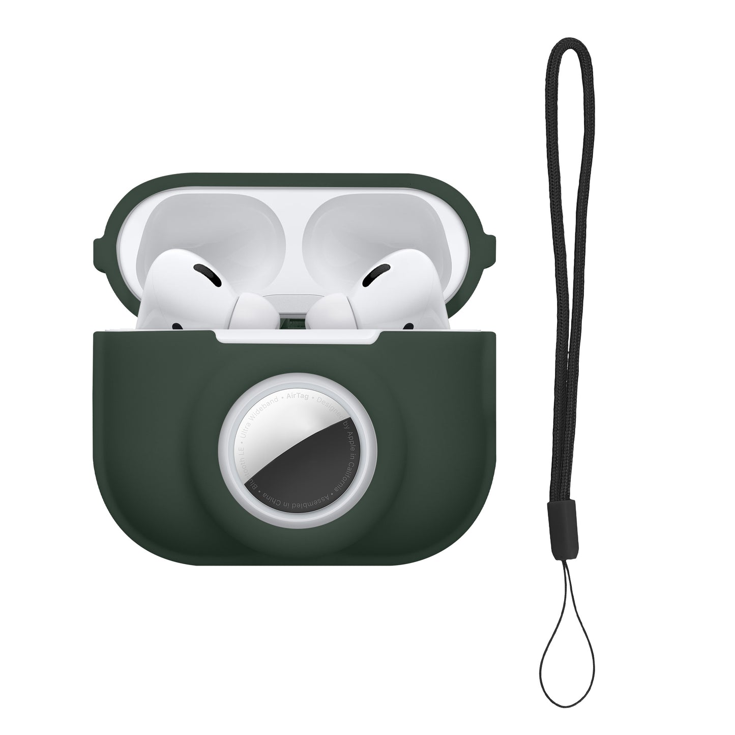 kwmobile 2-in1 Hülle kompatibel mit Apple Airpods Pro 2 - Kopfhörer Case kompatibel mit Airtag - Weiches Silikon Cover - Schutzhülle mit Karabiner - Dunkelgrün Dunkelgrün  