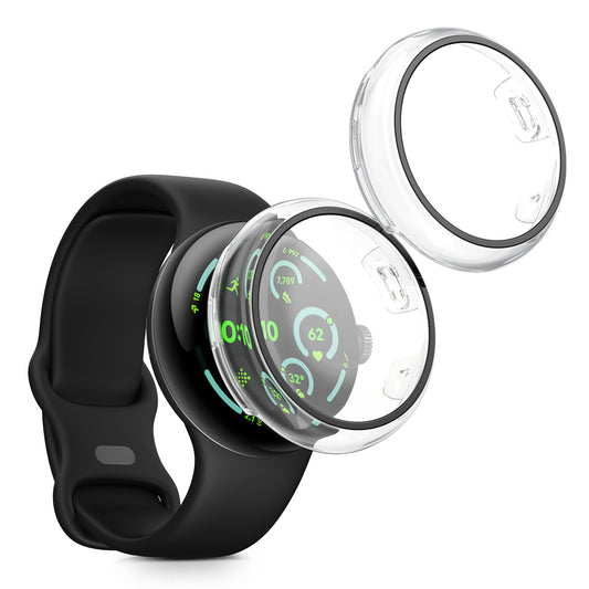 kwmobile 2x Cover kompatibel mit Google Pixel Watch 3 45mm Hülle - Fullbody Fitnesstracker Case Set aus Glas - Transparent Transparent  [dsg01]
