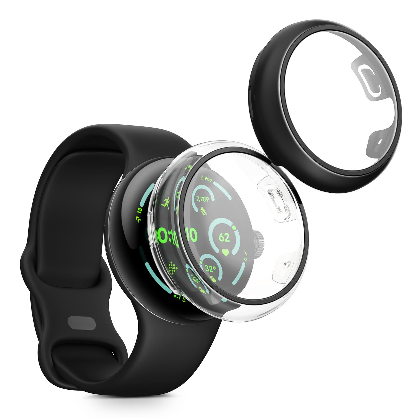 kwmobile 2x Cover kompatibel mit Google Pixel Watch 3 45mm Hülle - Fullbody Fitnesstracker Case Set aus Glas - Transparent Schwarz Transparent  [dsg02]