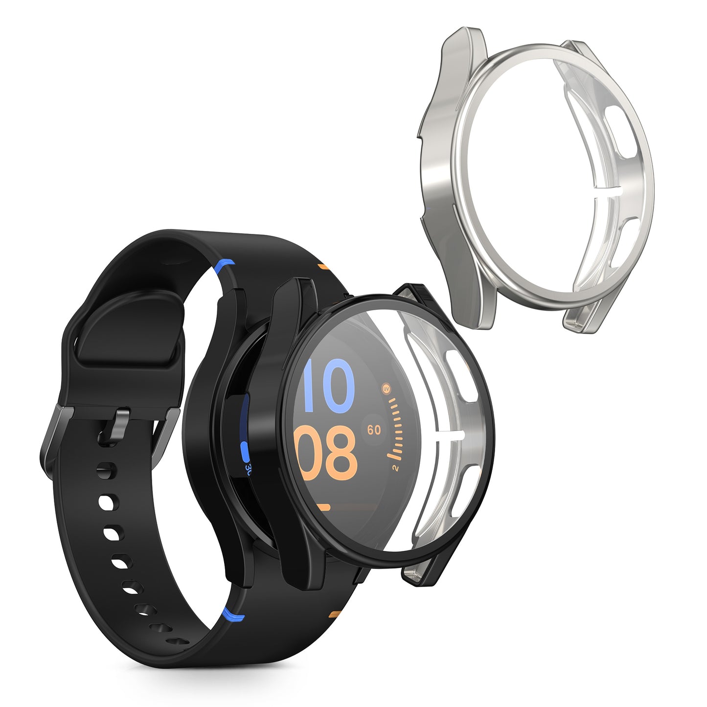 kwmobile 2x Schutzhülle kompatibel mit Samsung Galaxy Watch FE 40mm Hülle - Fullbody Cover Set aus Silikon - Schwarz Silber Schwarz  [dsg01]