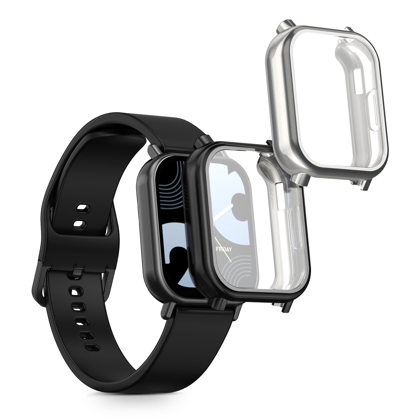kwmobile 2x Schutzhülle kompatibel mit Xiaomi Redmi Watch 5 Lite Hülle - Fullbody Cover Set aus Silikon - Schwarz Silber Schwarz  [dsg02]