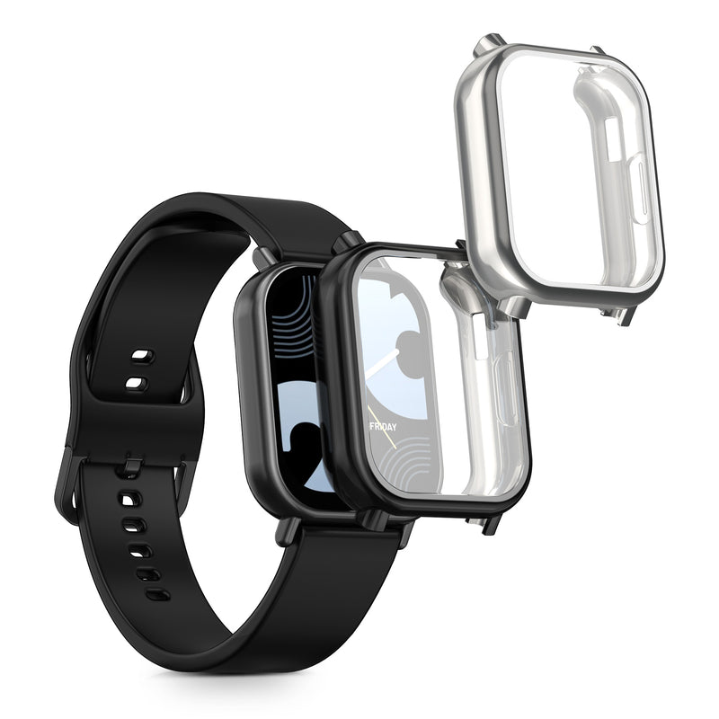 kwmobile 2x Schutzhülle kompatibel mit Xiaomi Redmi Watch 5 Lite Hülle - Fullbody Cover Set aus Silikon - Schwarz Silber Schwarz  [dsg02]