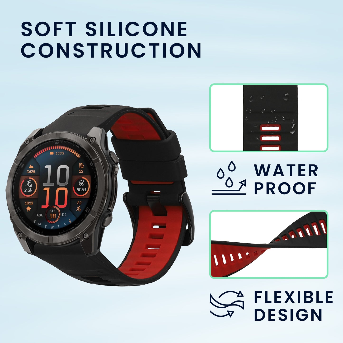 kwmobile Silicone Watch Strap for Garmin Fenix 8 51mm / Fenix 7X / Enduro 3 / Instinct 3 50mm Watch Band Replacement Band for Fitness Tracker Interchangeable Band Smartwatch