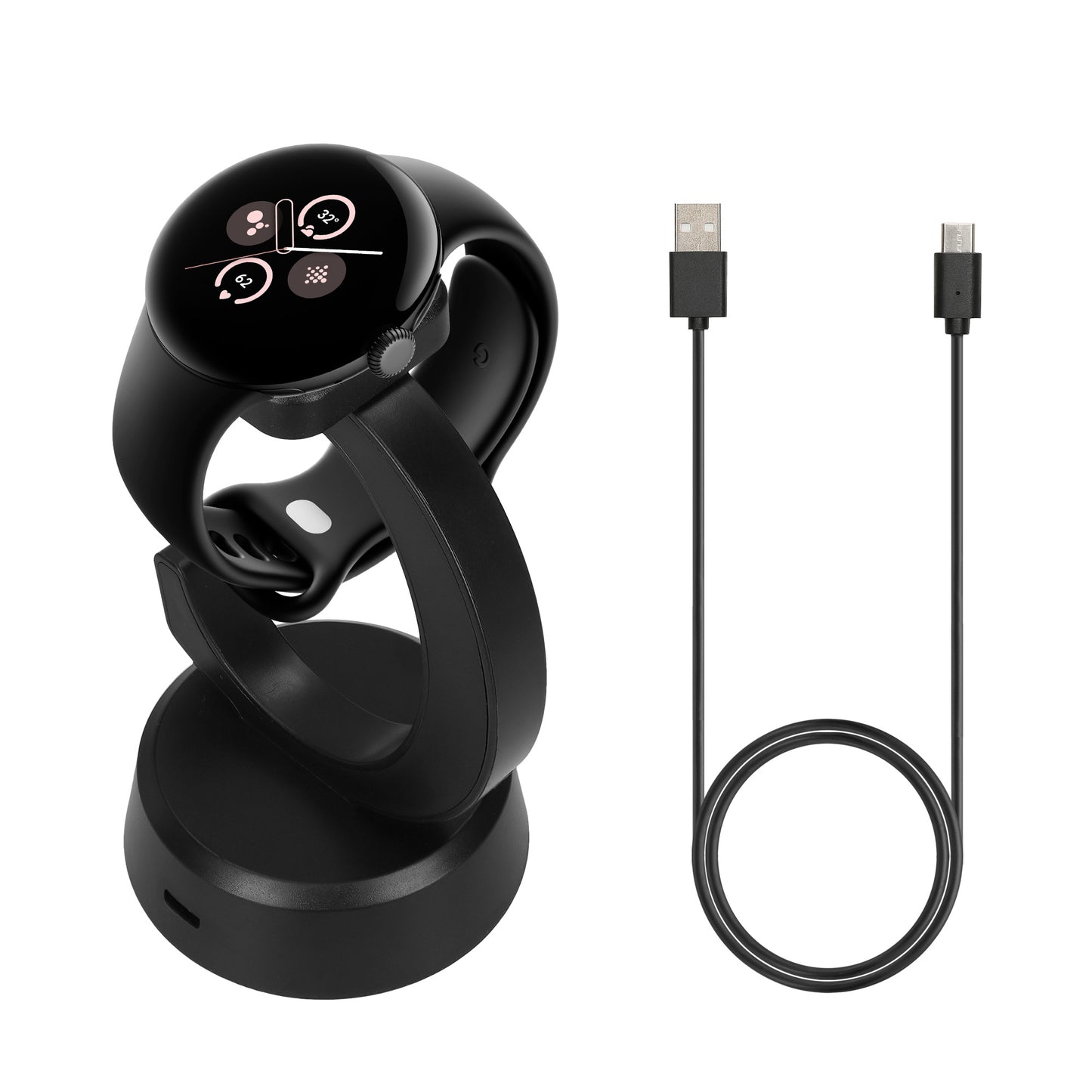 kwmobile USB Ladegerät kompatibel mit Google Pixel Watch 3 / Pixel Watch 2 / Fitbit Versa 4 3 2 / Ace LTE - USB Kabel Charger Stand - Smart Watch Ladestation - Ladekabel mit Standfunktion in Schwarz Schwarz  