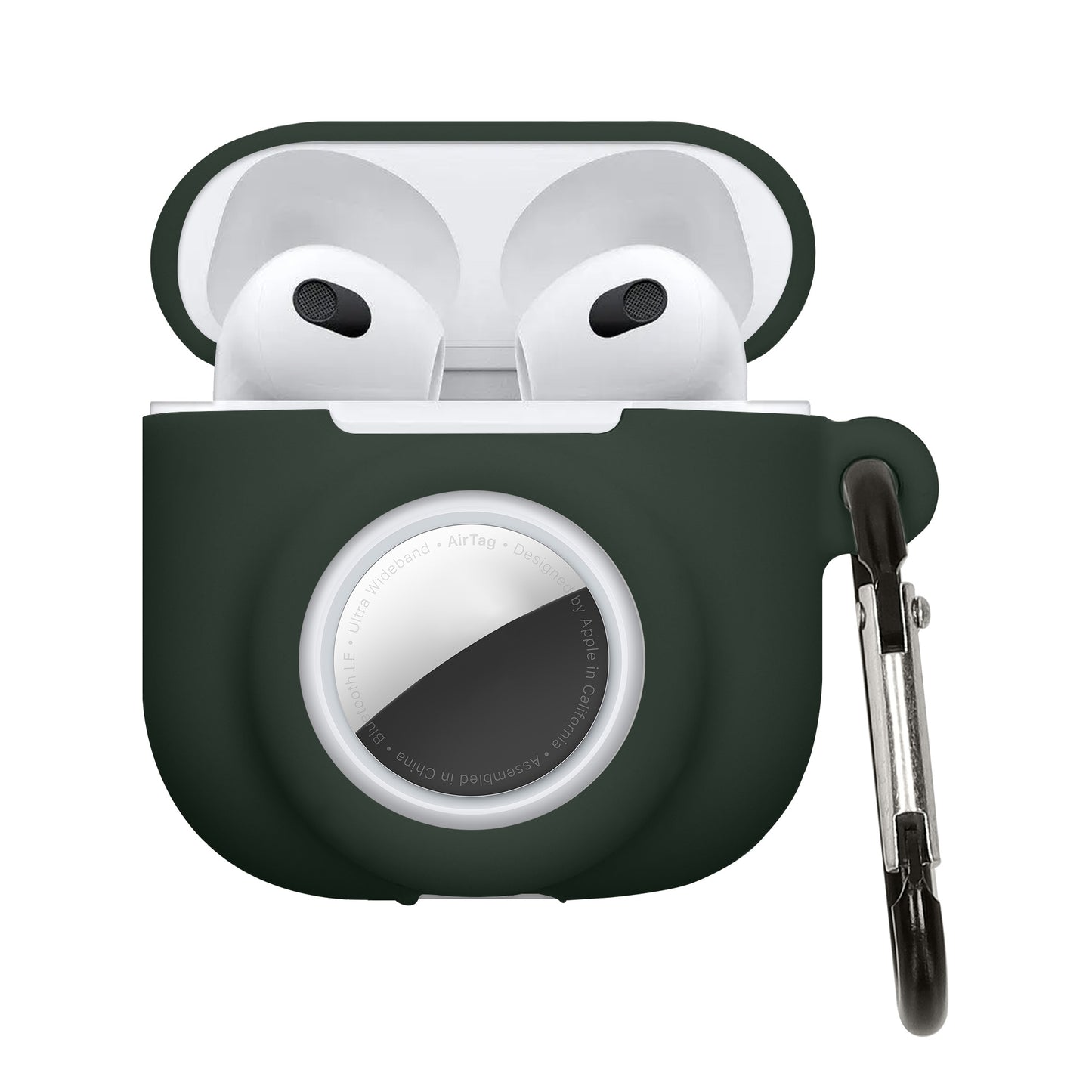 kwmobile 2-in1 Hülle kompatibel mit Apple Airpods 4 - Kopfhörer Case kompatibel mit Airtag - Weiches Silikon Cover - Schutzhülle mit Karabiner - Dunkelgrün Dunkelgrün  