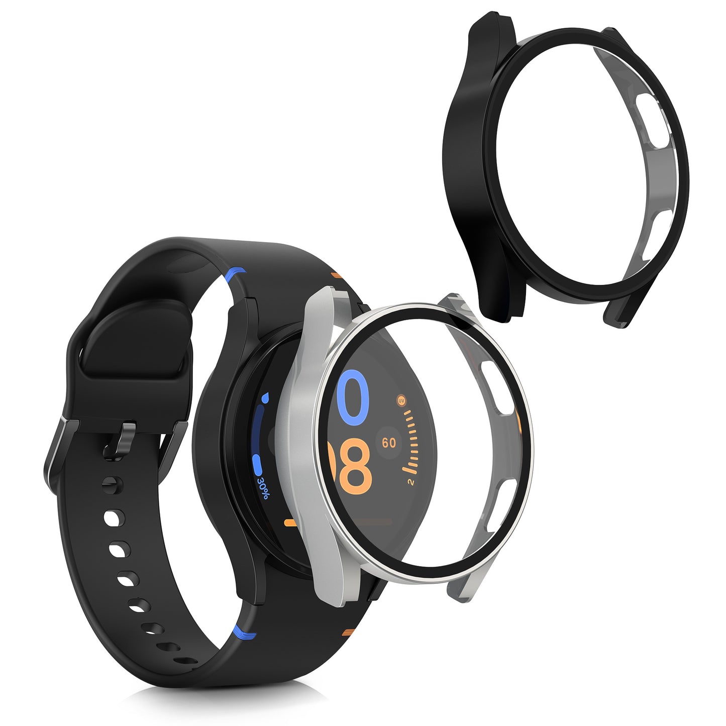 kwmobile 2x Cover kompatibel mit Samsung Galaxy Watch FE 40mm Hülle - Fullbody Fitnesstracker Case Set aus Glas - Schwarz Silber Schwarz  [dsg02]