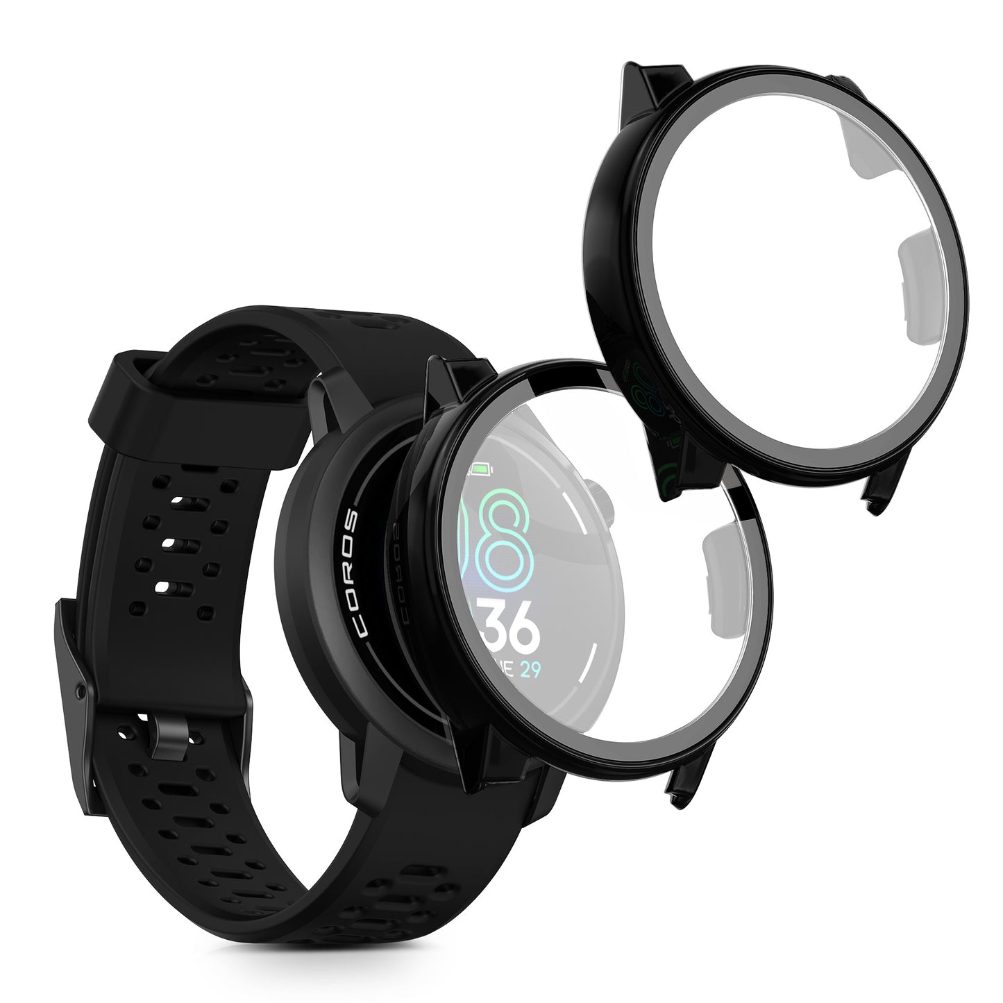 kwmobile 2x Cover kompatibel mit COROS PACE Pro Hülle - Fullbody Fitnesstracker Case Set aus Glas - Schwarz Schwarz  [dsg02]