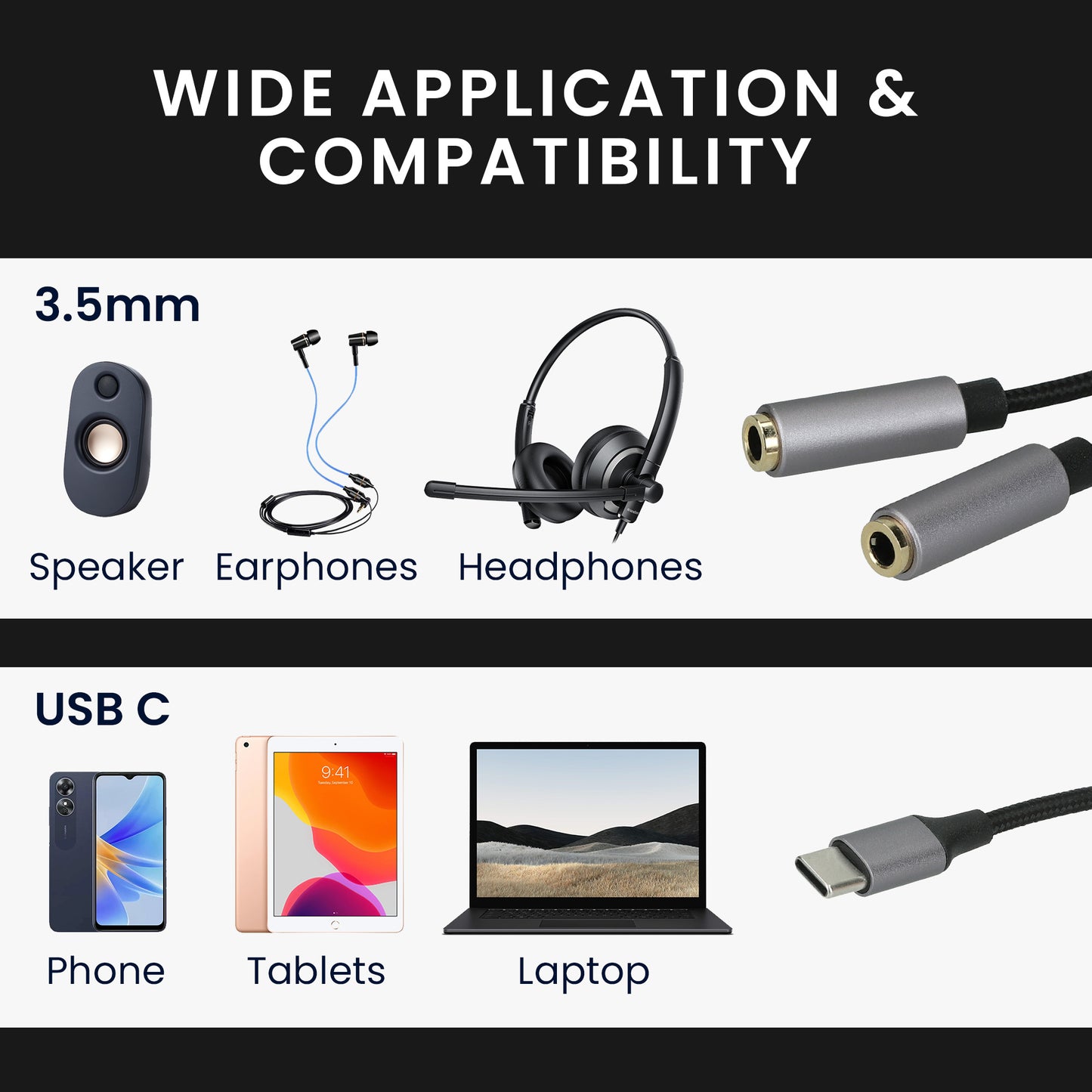 kwmobile USB C Headphone Splitter for USB C Headphones / Headset USB C Adapter - USB-C to Jack Audio Cable Splitter made of Nylon