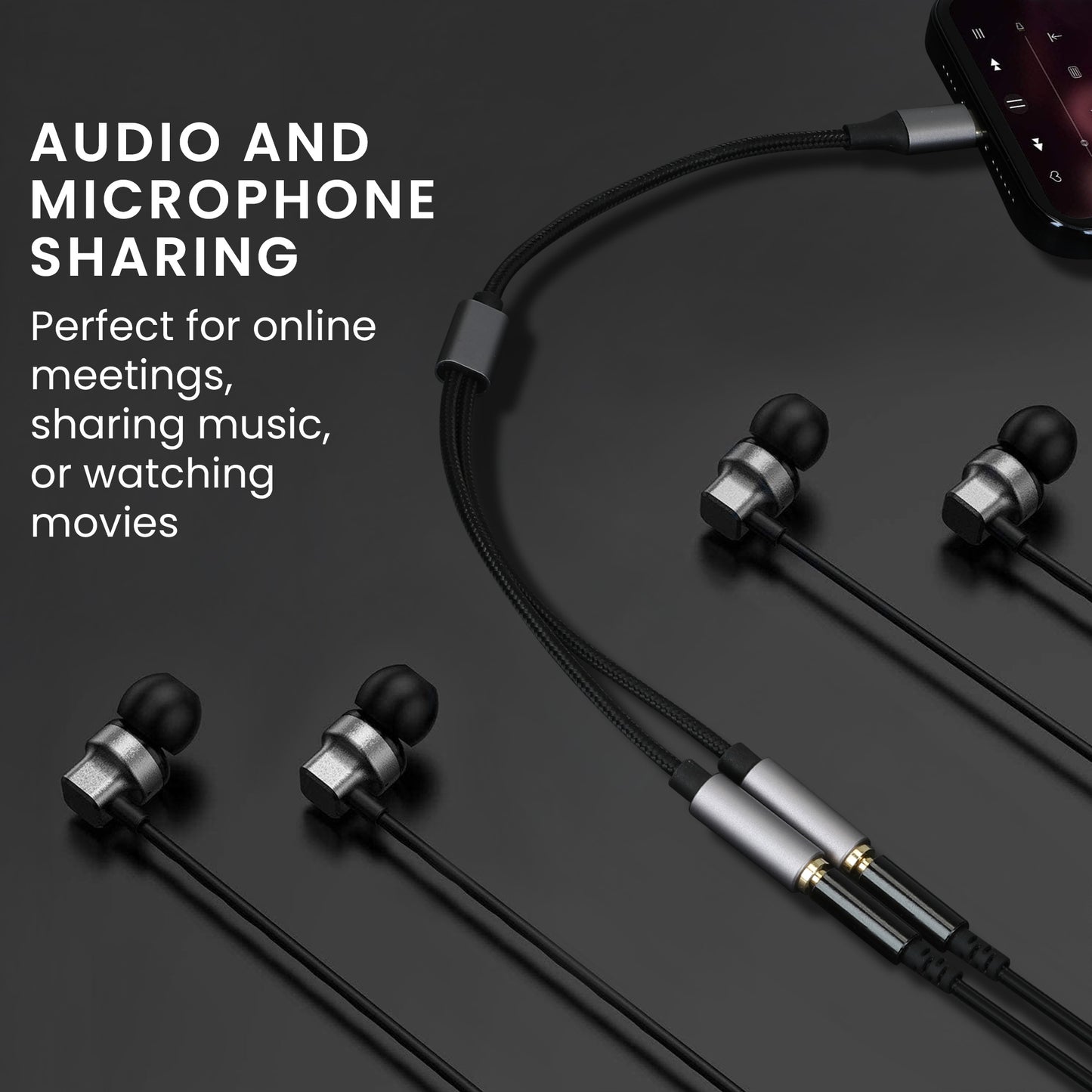 kwmobile USB C Headphone Splitter for USB C Headphones / Headset USB C Adapter - USB-C to Jack Audio Cable Splitter made of Nylon