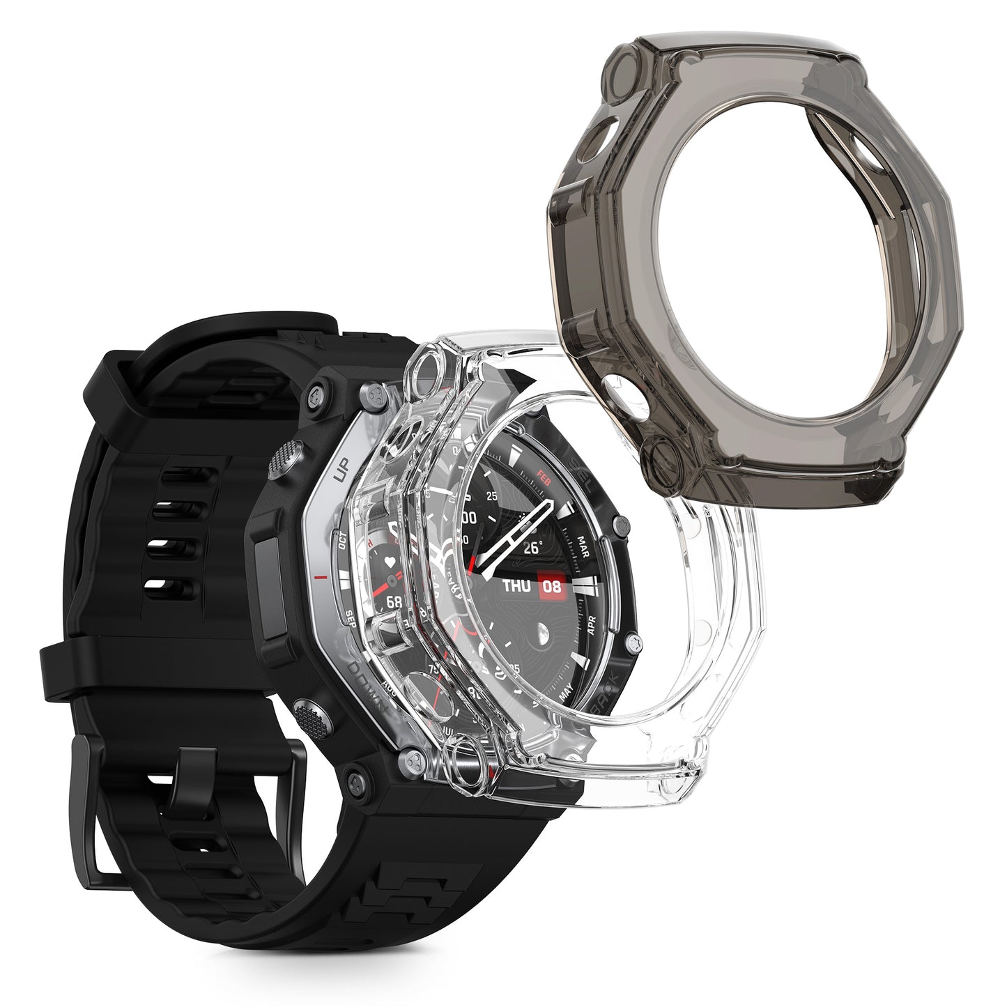 kwmobile 2x Sport Schutzhülle kompatibel mit Huami Amazfit T-Rex 3 Hülle - Silikon Cover klar - Case ohne Tracker - Transparent Schwarz Transparent  [dsg01]