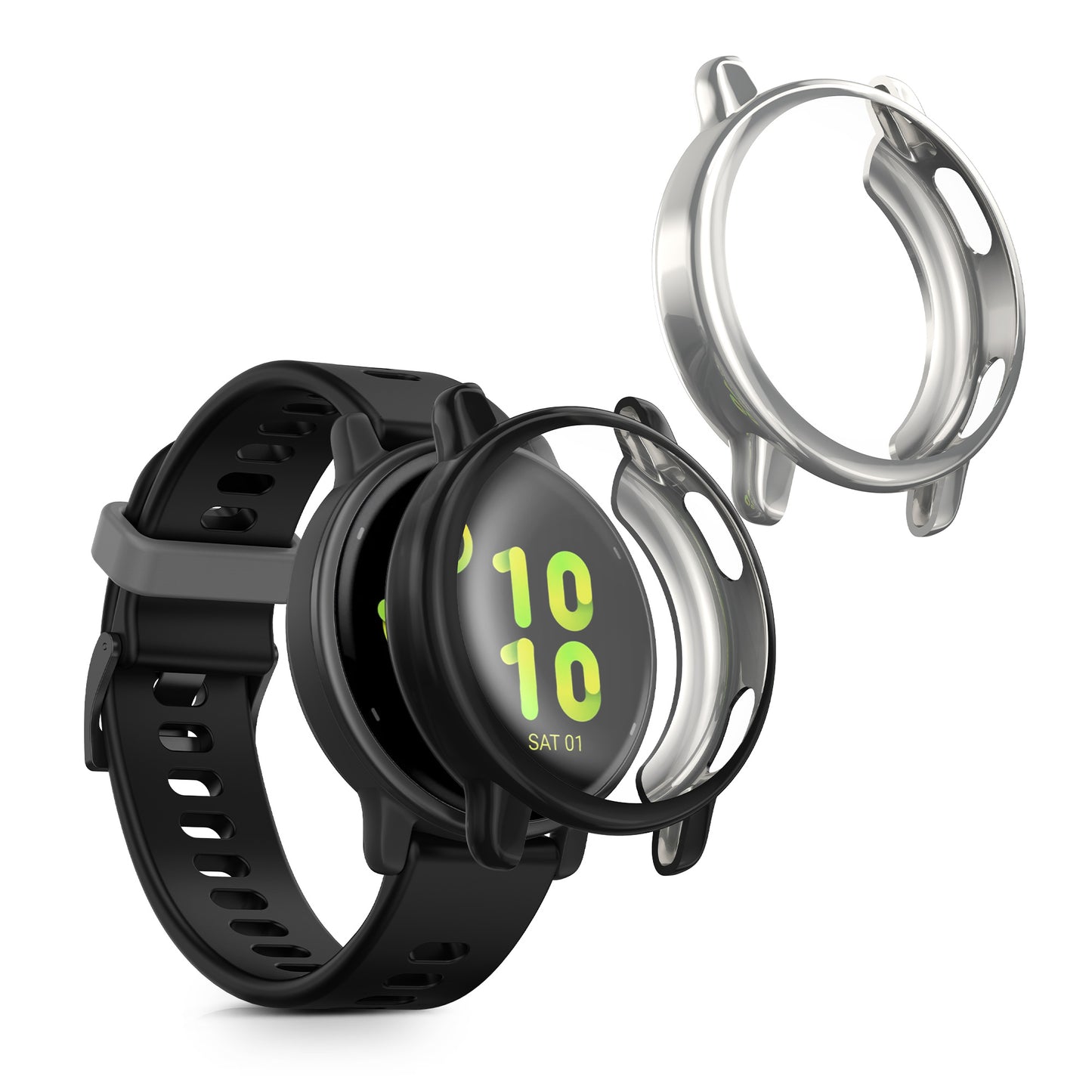kwmobile 2x Schutzhülle kompatibel mit Garmin vivoactive 5 / active 5 Hülle - Fullbody Cover Set aus Silikon - Schwarz Silber Schwarz  [dsg02]