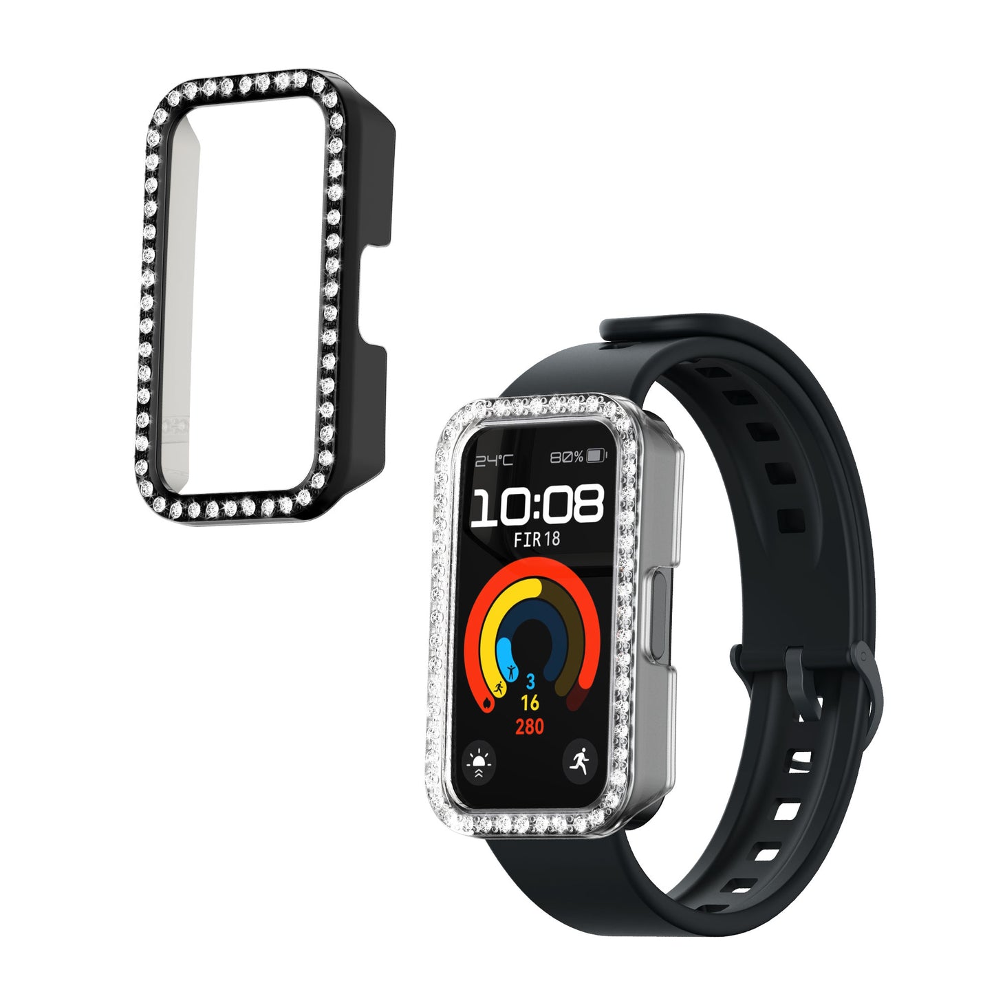 kwmobile Protective Case compatible with Huawei Band 9 / Band 8 Protector Frame - Glitter Protective Accessory in Black